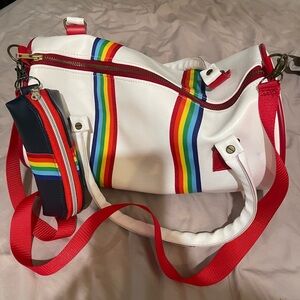 White Shoulder Bag with Rainbow Stripes and Red Accents, NEW